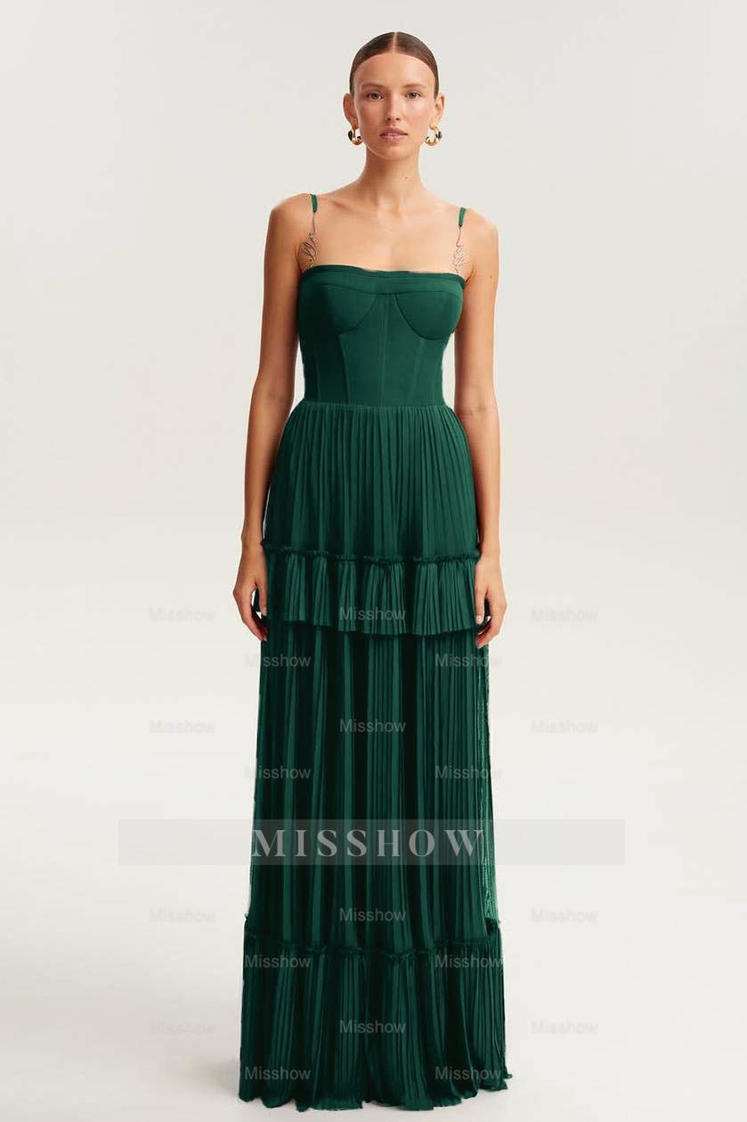 Spaghetti Strap Sleeveless Long Formal Dress With Ruffles