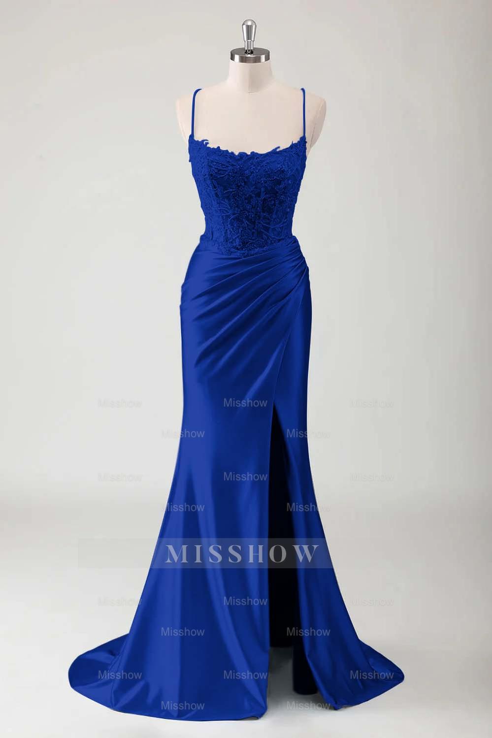 Spaghetti Strap Sleeveless Long High Split Formal Dress With Appliques