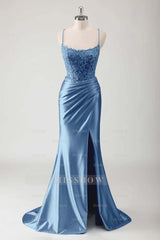 Spaghetti Strap Sleeveless Long High Split Formal Dress With Appliques