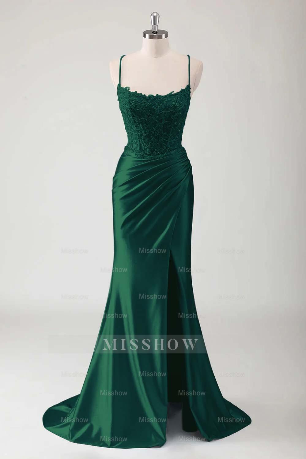Spaghetti Strap Sleeveless Long High Split Formal Dress With Appliques
