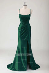 Spaghetti Strap Sleeveless Long High Split Formal Dress With Appliques