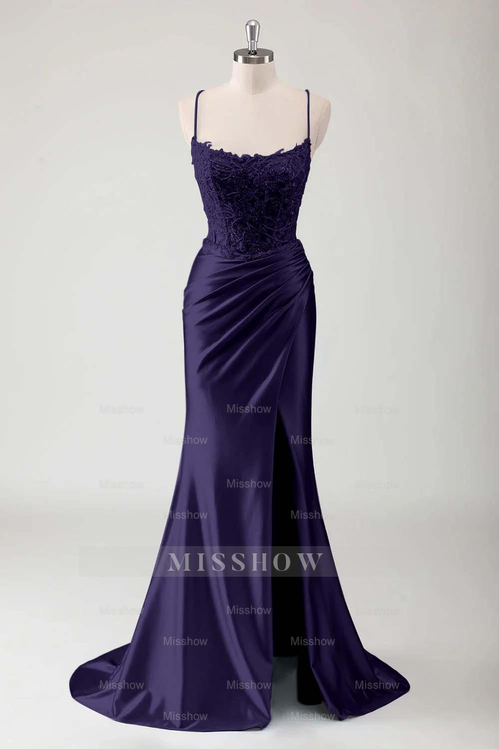 Spaghetti Strap Sleeveless Long High Split Formal Dress With Appliques