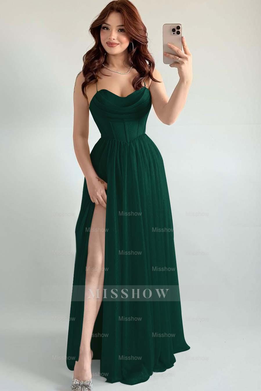 Spaghetti Strap Sleeveless Long High Split Formal Dress With Pleated