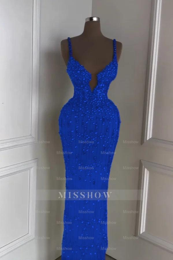 Spaghetti Strap Sleeveless Long Mermaid Formal Dress With Beading