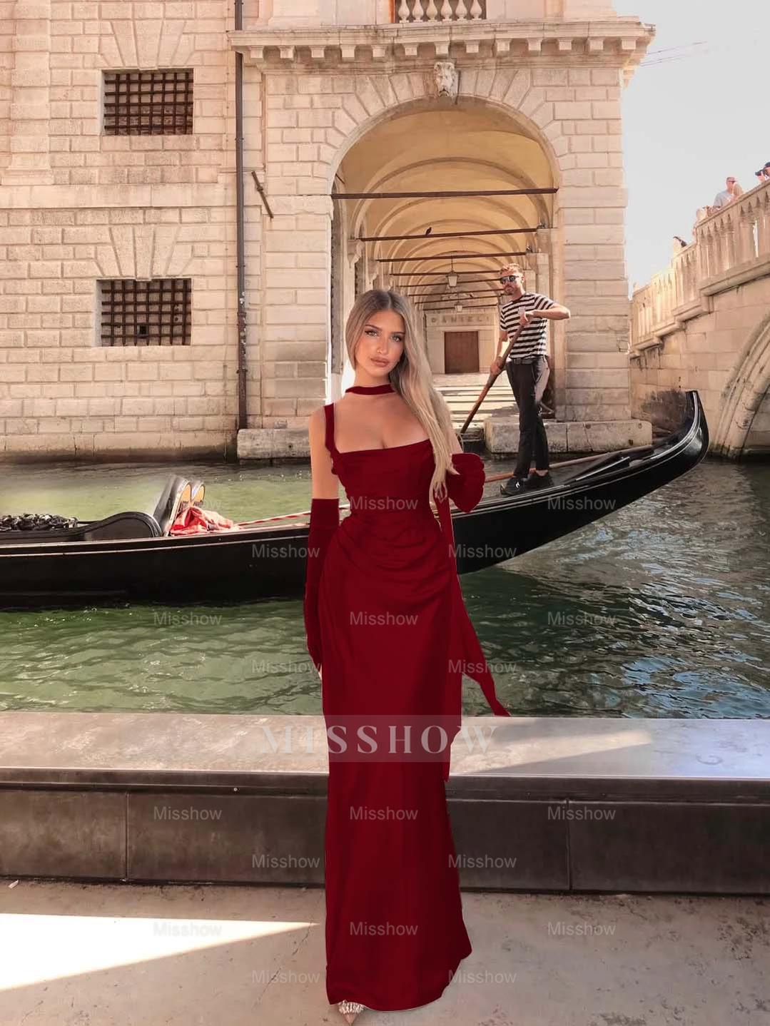 Spaghetti Strap Sleeveless Long Mermaid Formal Dress With Gloves