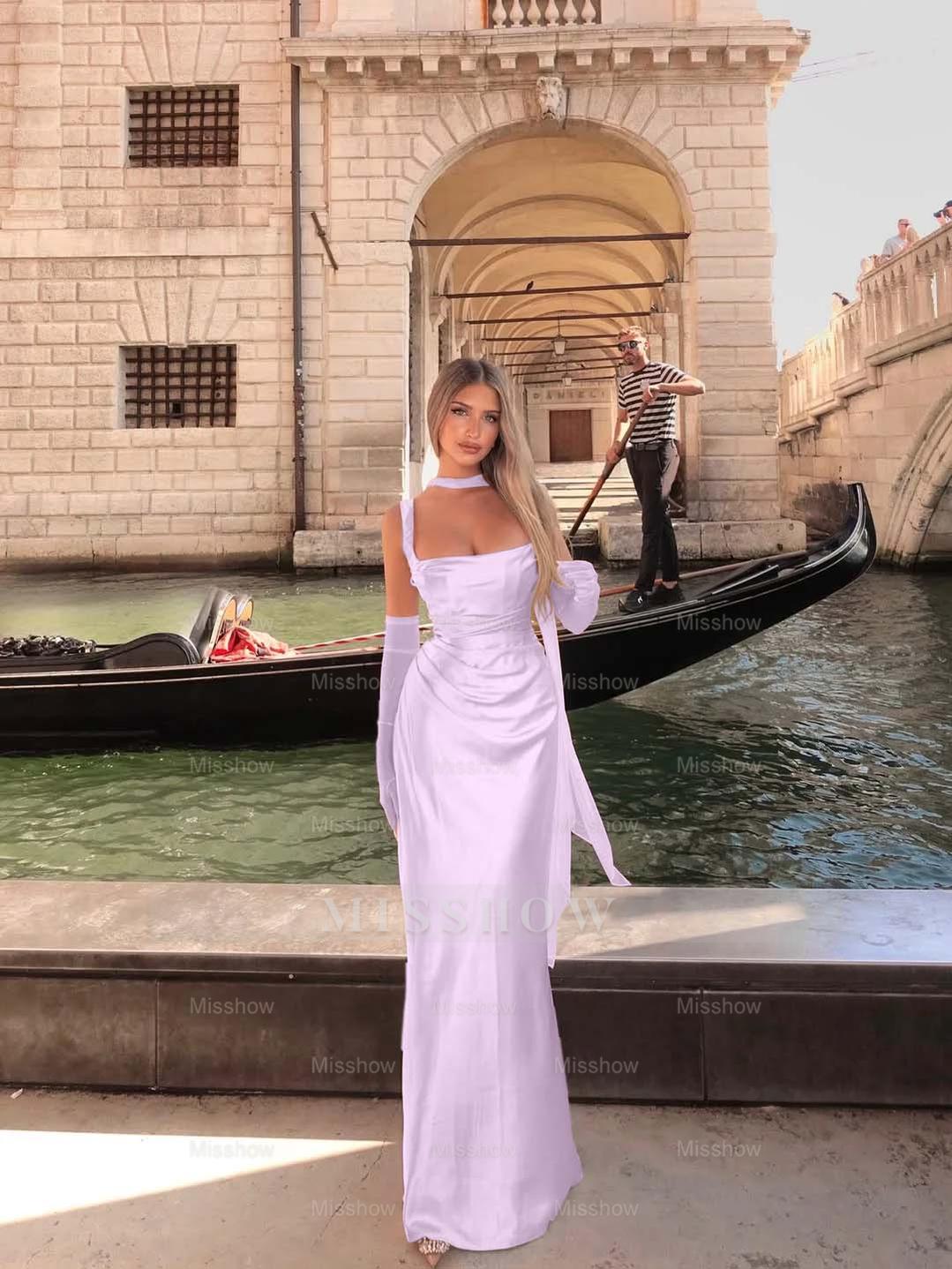 Spaghetti Strap Sleeveless Long Mermaid Formal Dress With Gloves