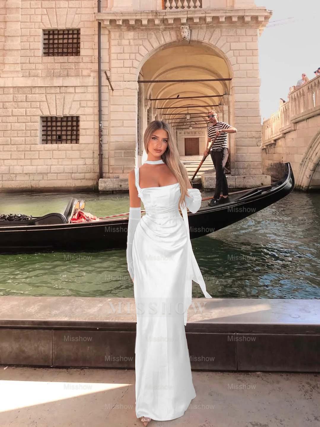 Spaghetti Strap Sleeveless Long Mermaid Formal Dress With Gloves