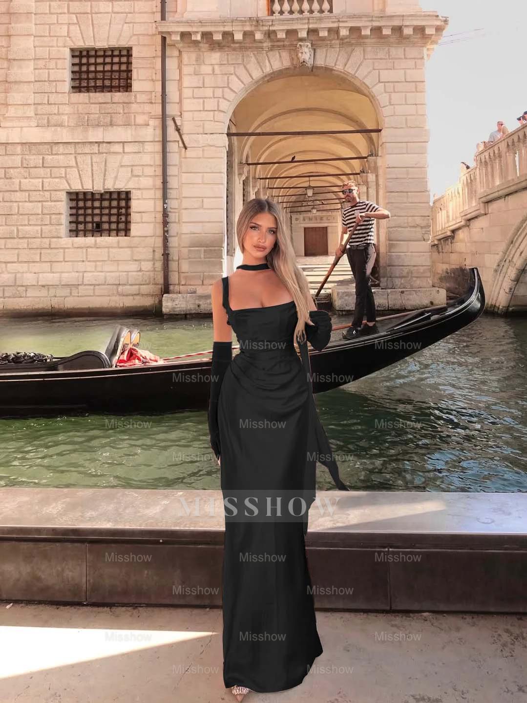 Spaghetti Strap Sleeveless Long Mermaid Formal Dress With Gloves