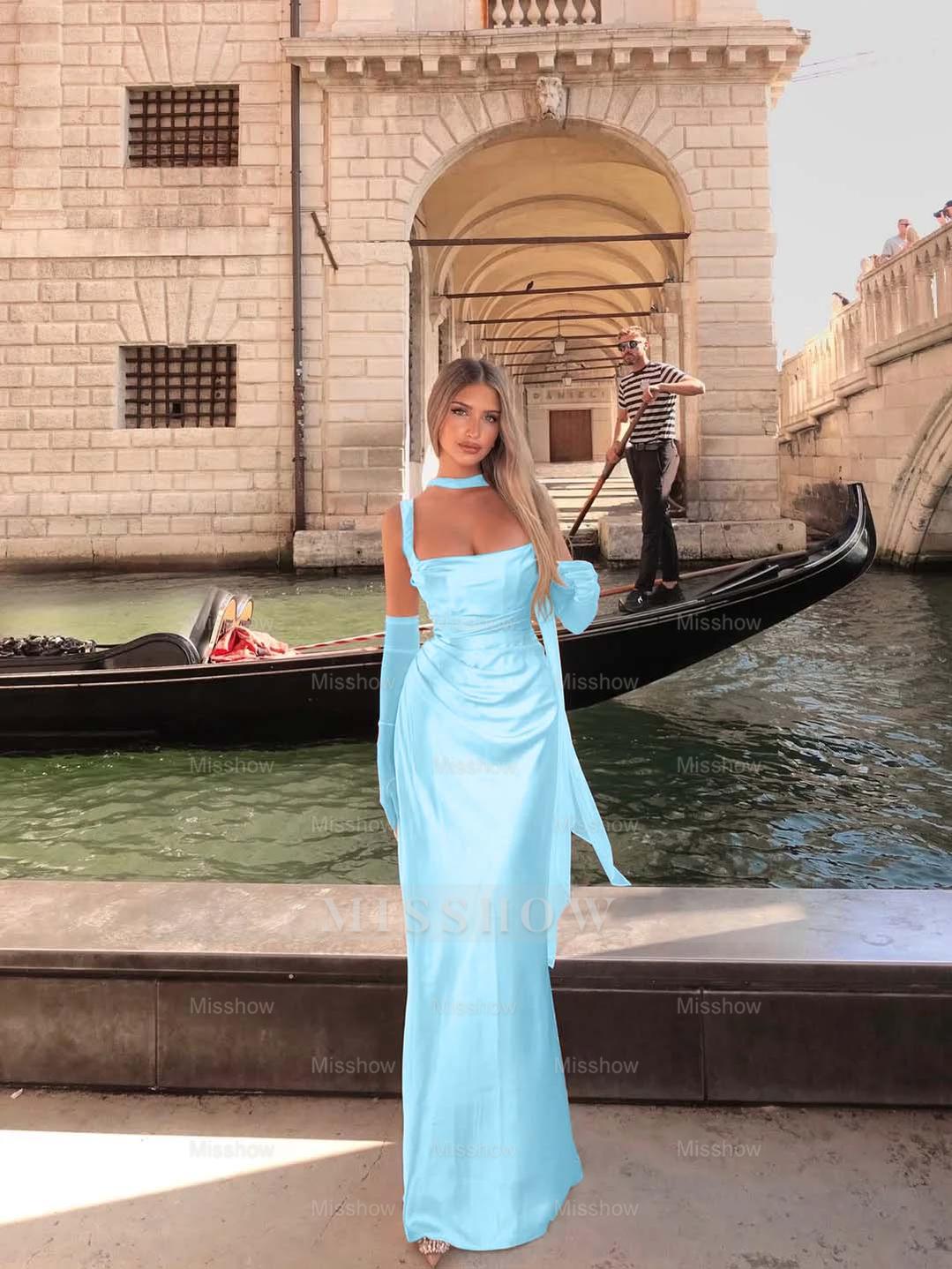 Spaghetti Strap Sleeveless Long Mermaid Formal Dress With Gloves