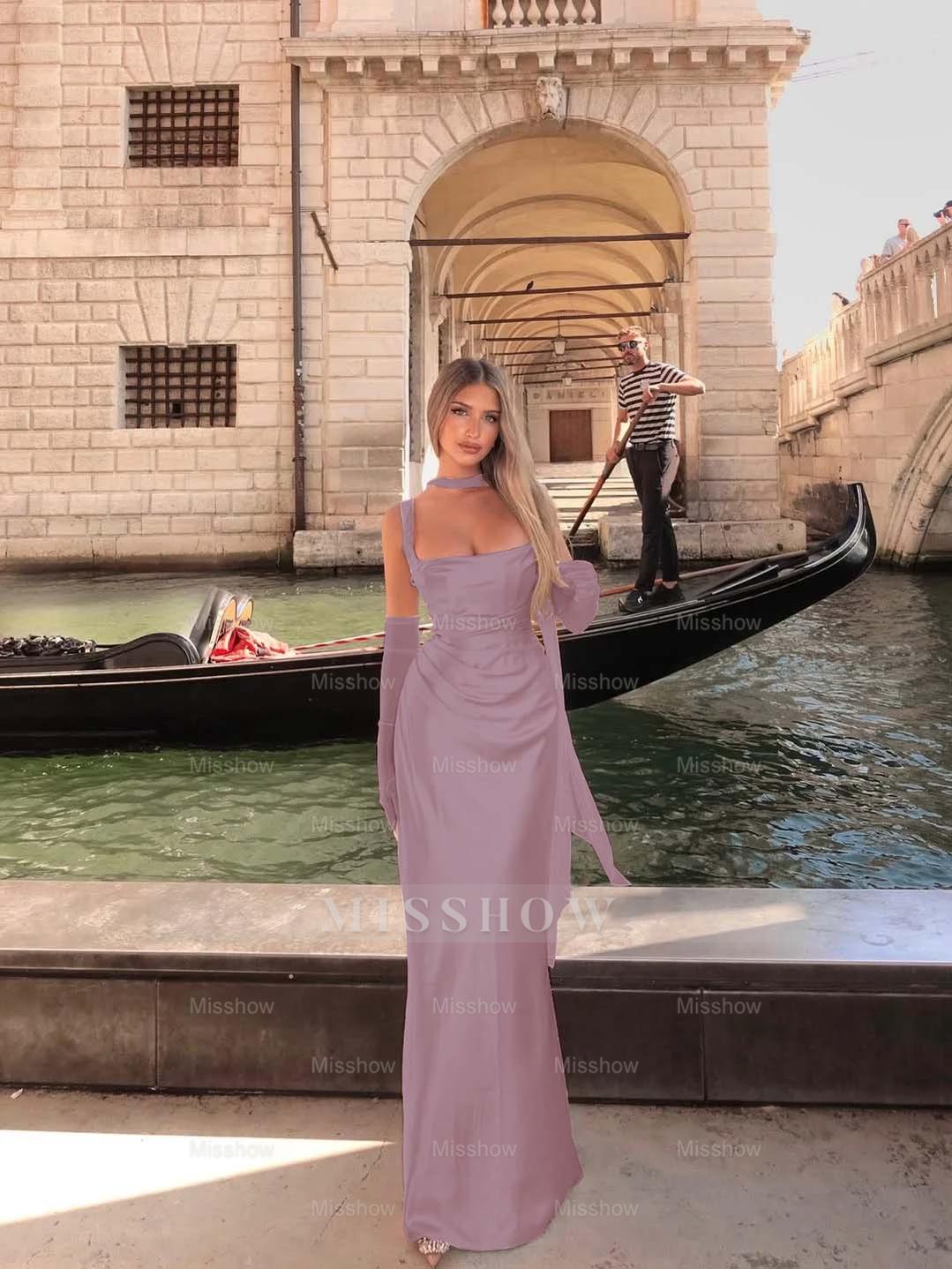 Spaghetti Strap Sleeveless Long Mermaid Formal Dress With Gloves