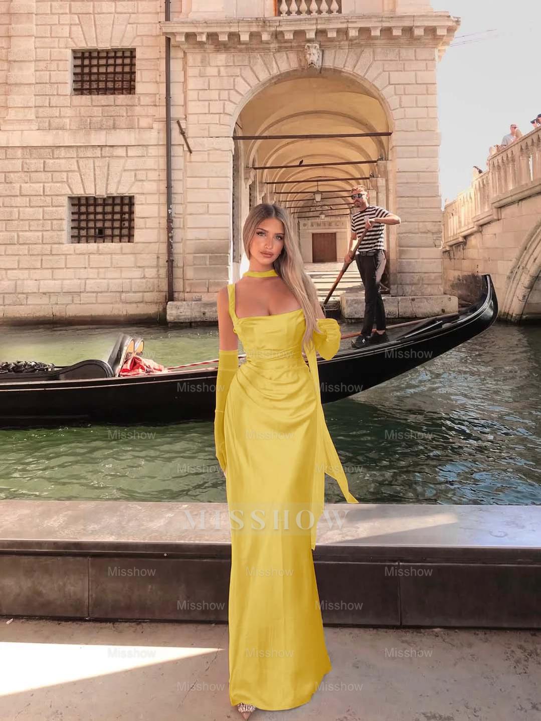 Spaghetti Strap Sleeveless Long Mermaid Formal Dress With Gloves