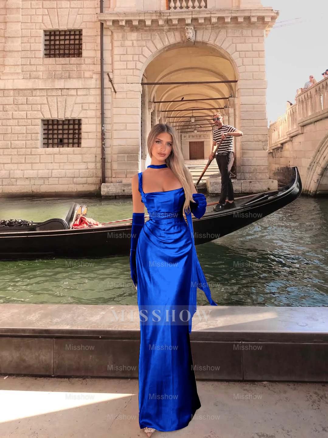 Spaghetti Strap Sleeveless Long Mermaid Formal Dress With Gloves