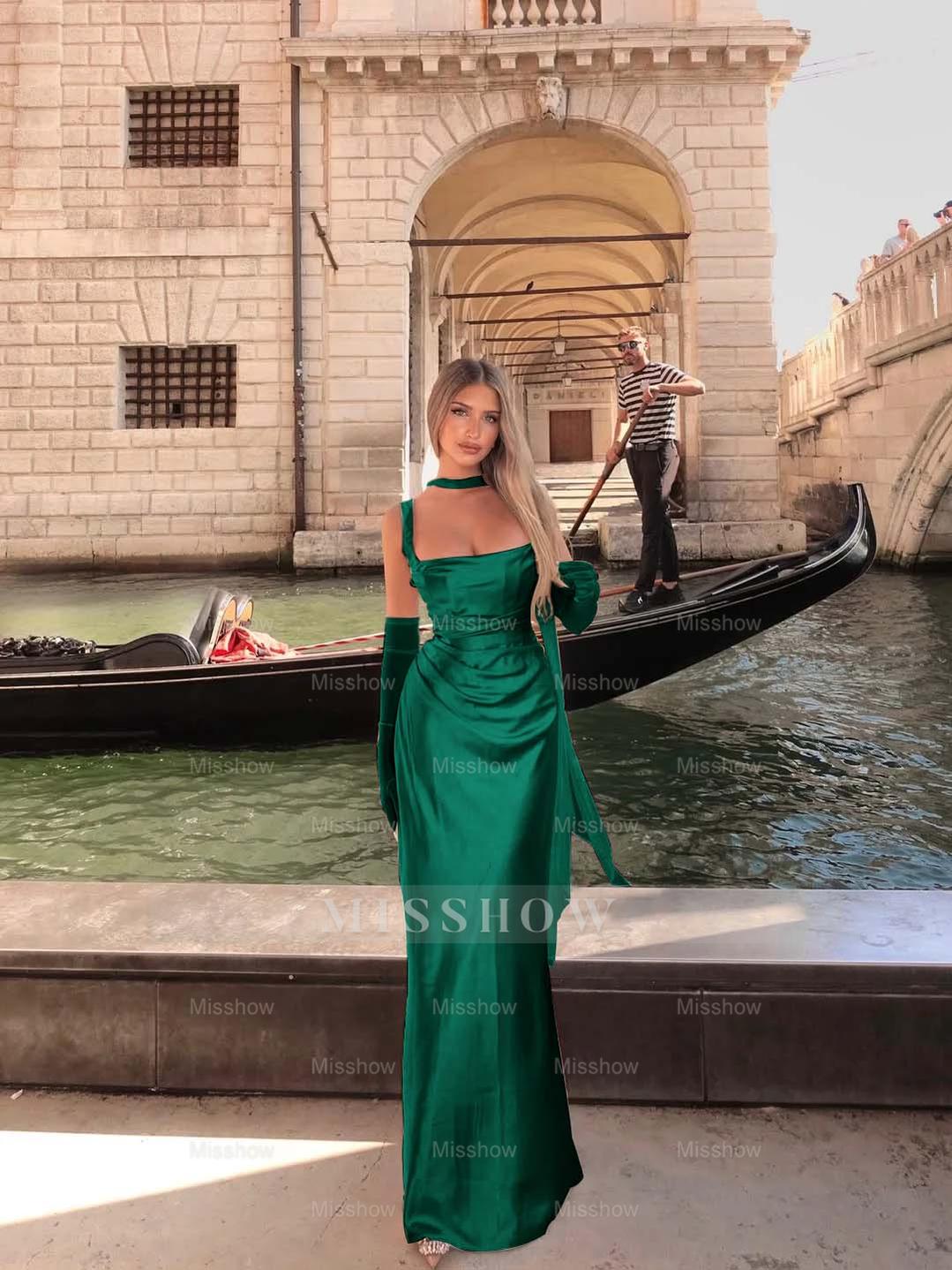 Spaghetti Strap Sleeveless Long Mermaid Formal Dress With Gloves