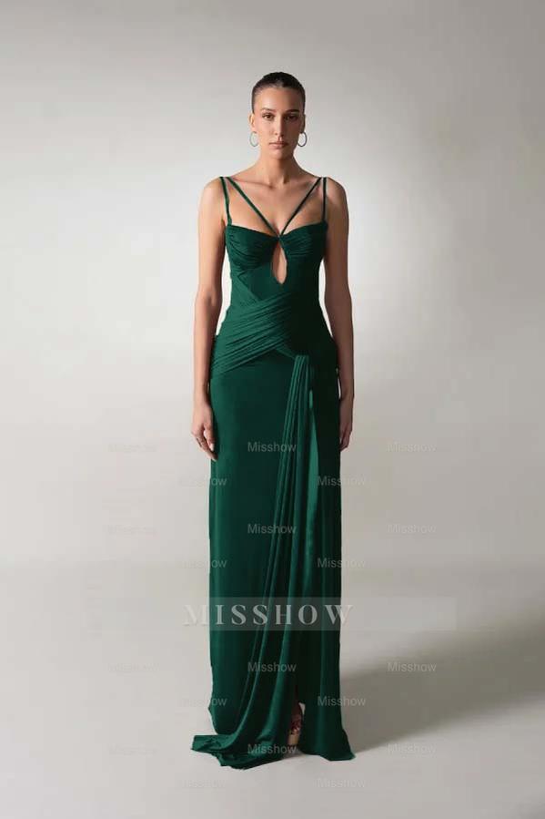 Spaghetti Strap Sleeveless Long Mermaid Formal Dress With Pleated
