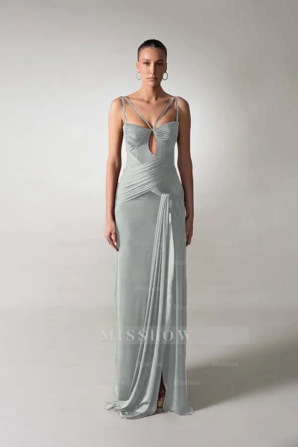 Spaghetti Strap Sleeveless Long Mermaid Formal Dress With Pleated