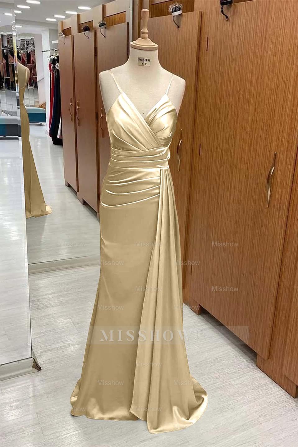 Spaghetti Strap Sleeveless Long Mermaid Formal Dress With Pleated