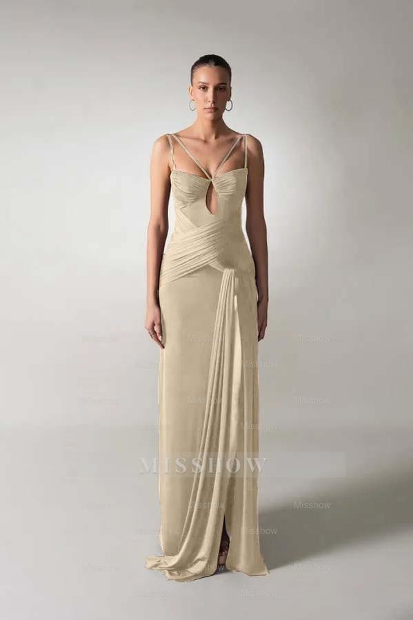 Spaghetti Strap Sleeveless Long Mermaid Formal Dress With Pleated