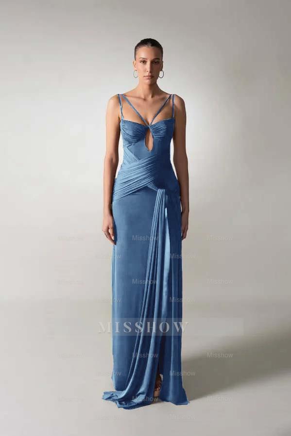 Spaghetti Strap Sleeveless Long Mermaid Formal Dress With Pleated