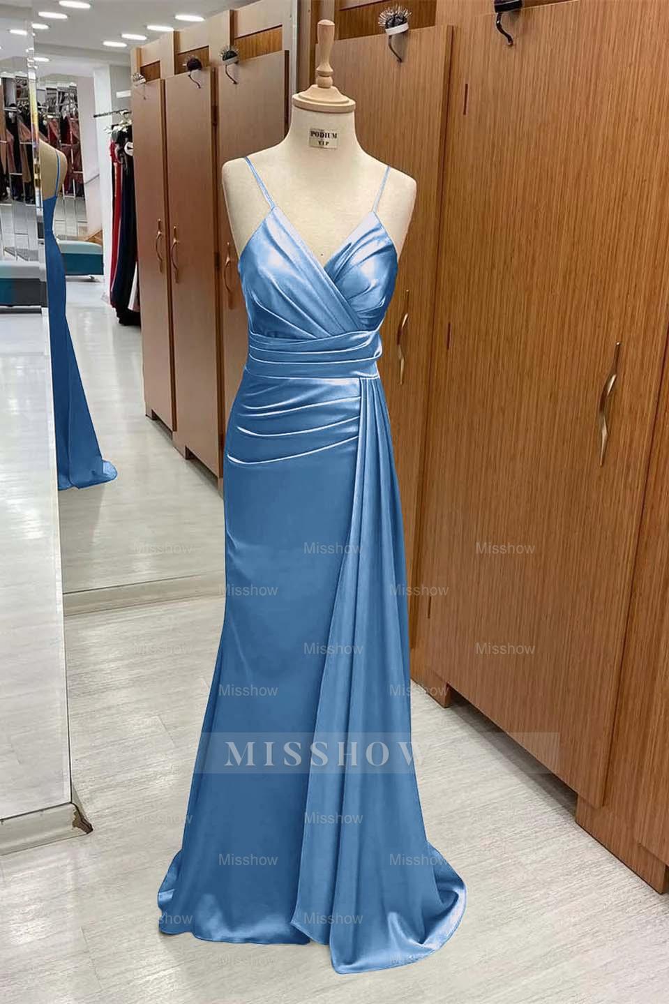 Spaghetti Strap Sleeveless Long Mermaid Formal Dress With Pleated