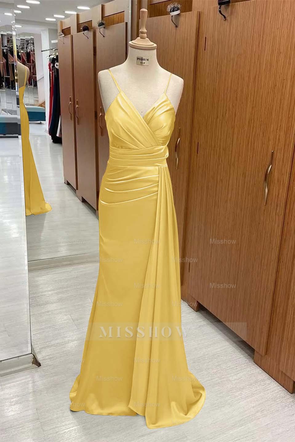 Spaghetti Strap Sleeveless Long Mermaid Formal Dress With Pleated