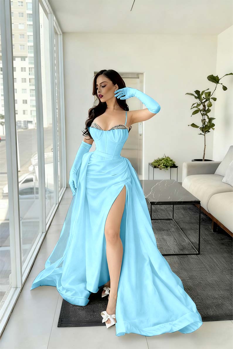 Spaghetti Strap Sleeveless Long Mermaid Formal Dress With Split Gloves