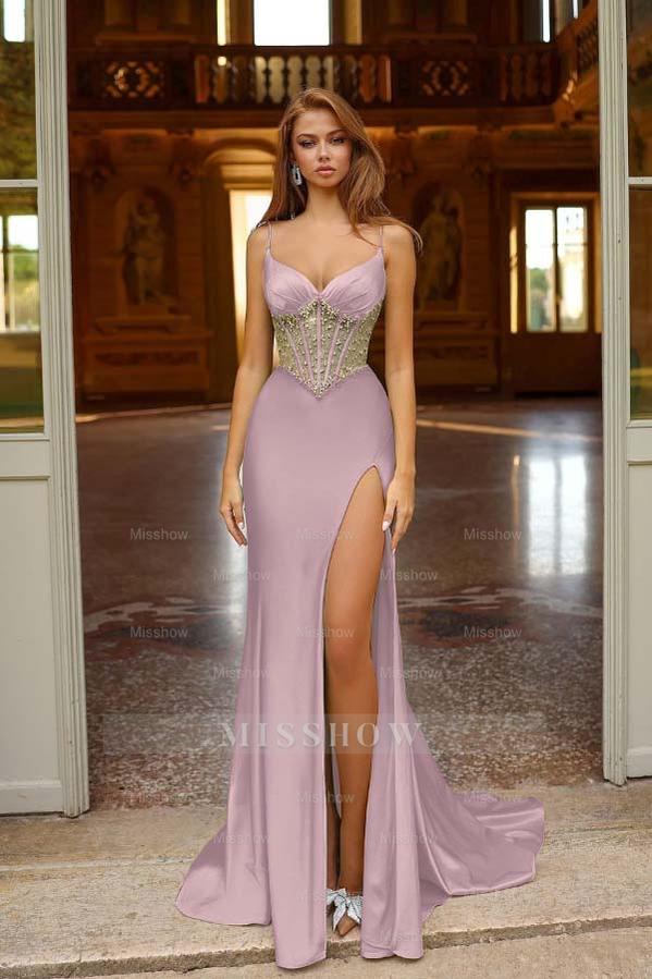 Spaghetti Strap Sleeveless Long Split Formal Dress With Beading