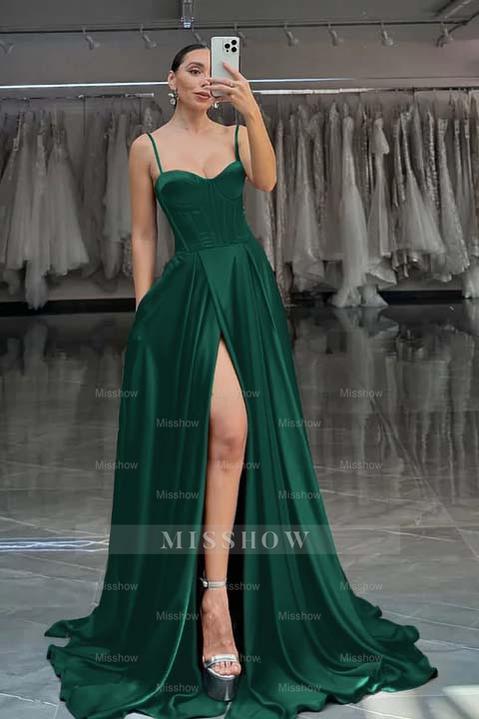 Spaghetti Strap Sleeveless Long Split Formal Dress With Pleated