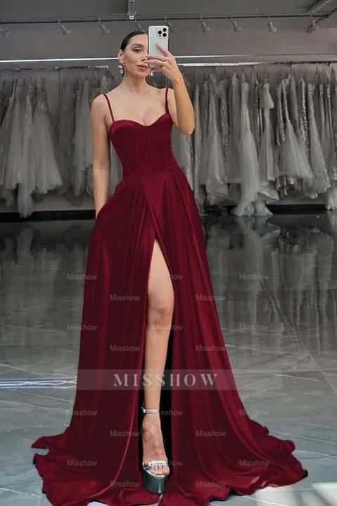 Spaghetti Strap Sleeveless Long Split Formal Dress With Pleated