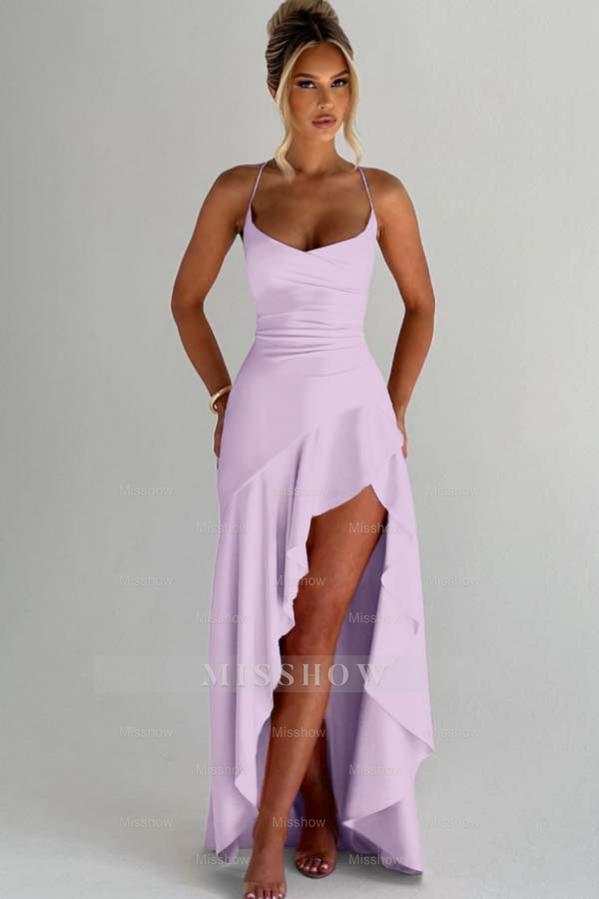 Spaghetti Strap Sleeveless Long Split Formal Dress With Pleated