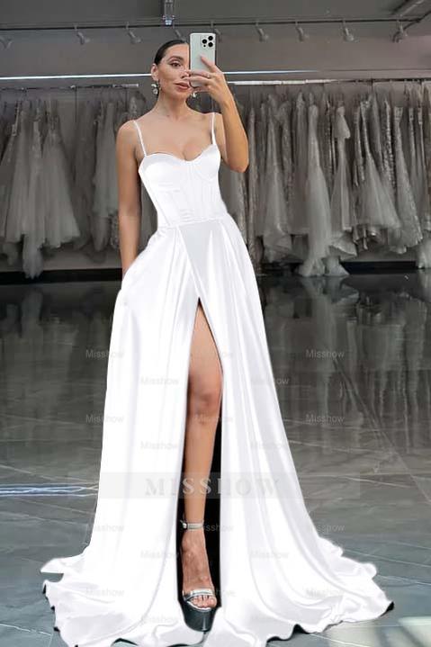 Spaghetti Strap Sleeveless Long Split Formal Dress With Pleated