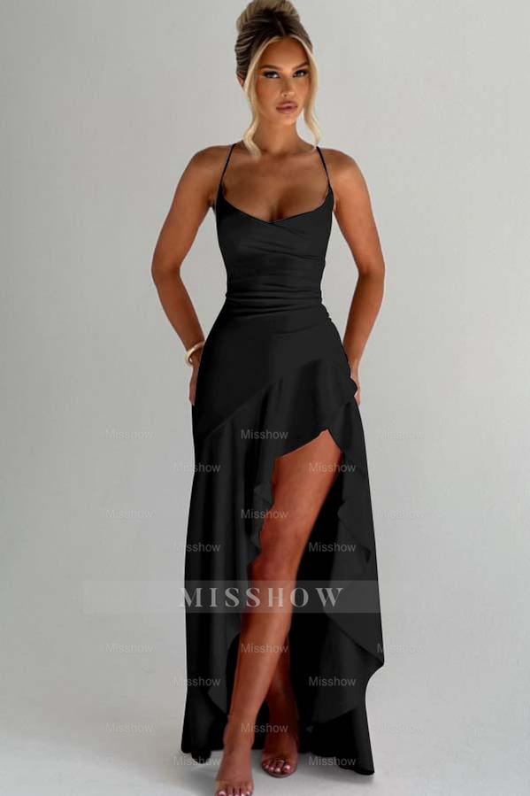 Spaghetti Strap Sleeveless Long Split Formal Dress With Pleated