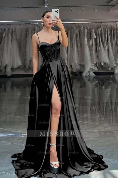 Spaghetti Strap Sleeveless Long Split Formal Dress With Pleated