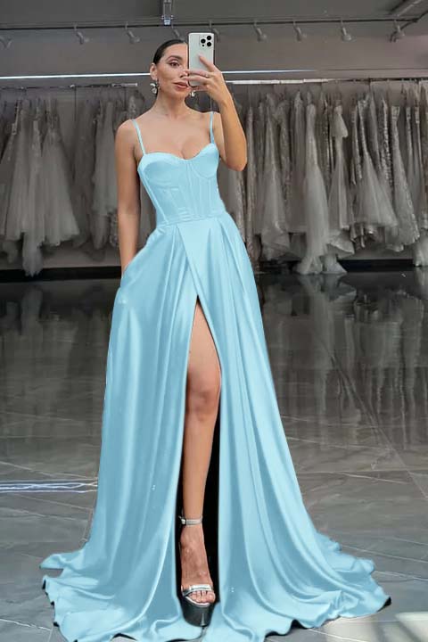 Spaghetti Strap Sleeveless Long Split Formal Dress With Pleated