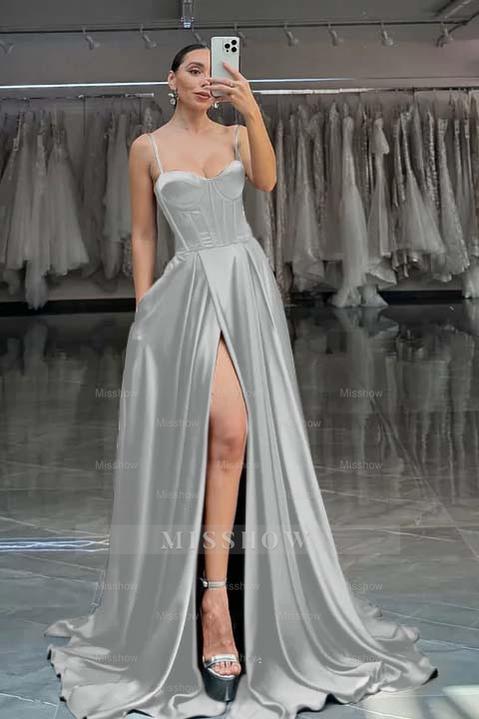 Spaghetti Strap Sleeveless Long Split Formal Dress With Pleated