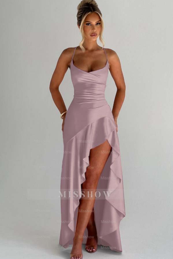 Spaghetti Strap Sleeveless Long Split Formal Dress With Pleated