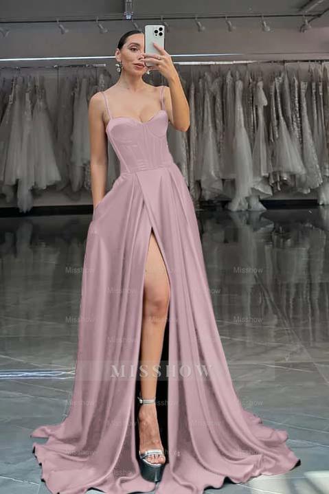 Spaghetti Strap Sleeveless Long Split Formal Dress With Pleated