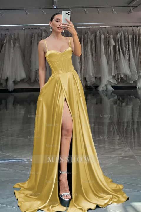 Spaghetti Strap Sleeveless Long Split Formal Dress With Pleated