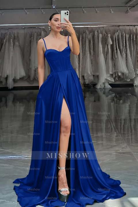 Spaghetti Strap Sleeveless Long Split Formal Dress With Pleated