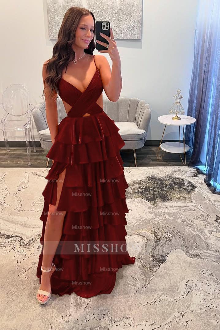 Spaghetti Strap Sleeveless Long Split Formal Dress With Ruffles