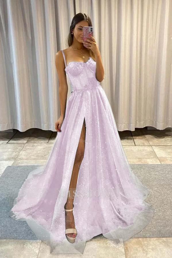 Spaghetti Strap Sleeveless Long Split Formal Dress With Sequins