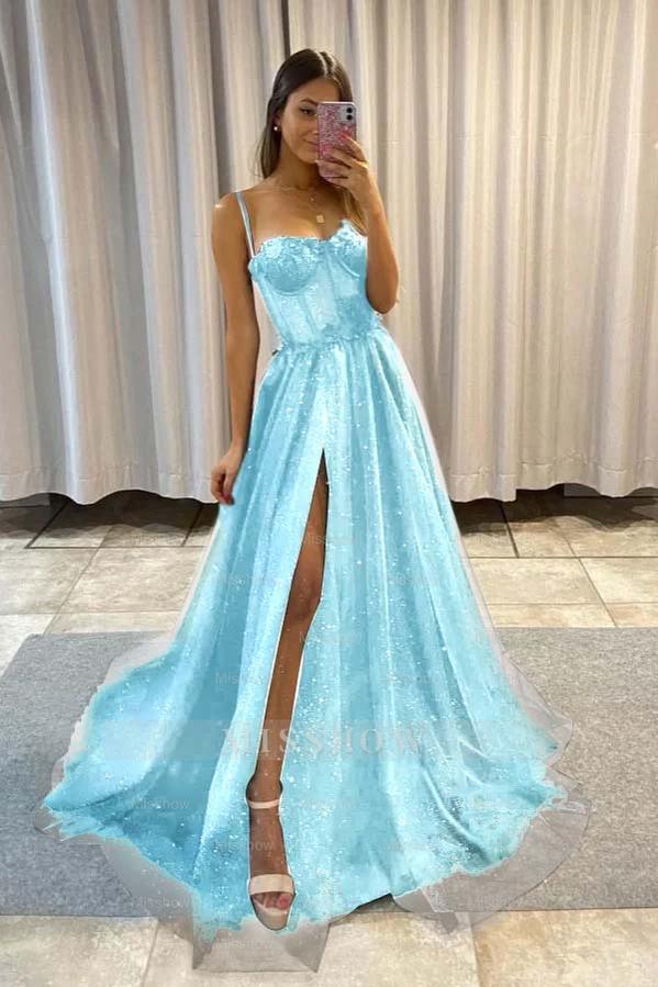 Spaghetti Strap Sleeveless Long Split Formal Dress With Sequins