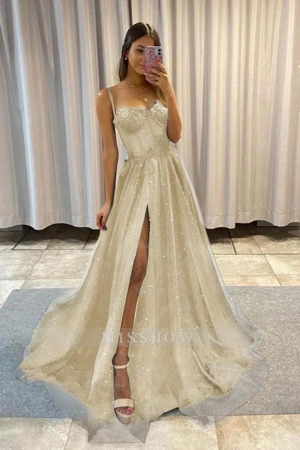 Spaghetti Strap Sleeveless Long Split Formal Dress With Sequins