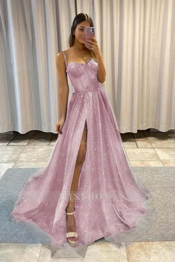 Spaghetti Strap Sleeveless Long Split Formal Dress With Sequins