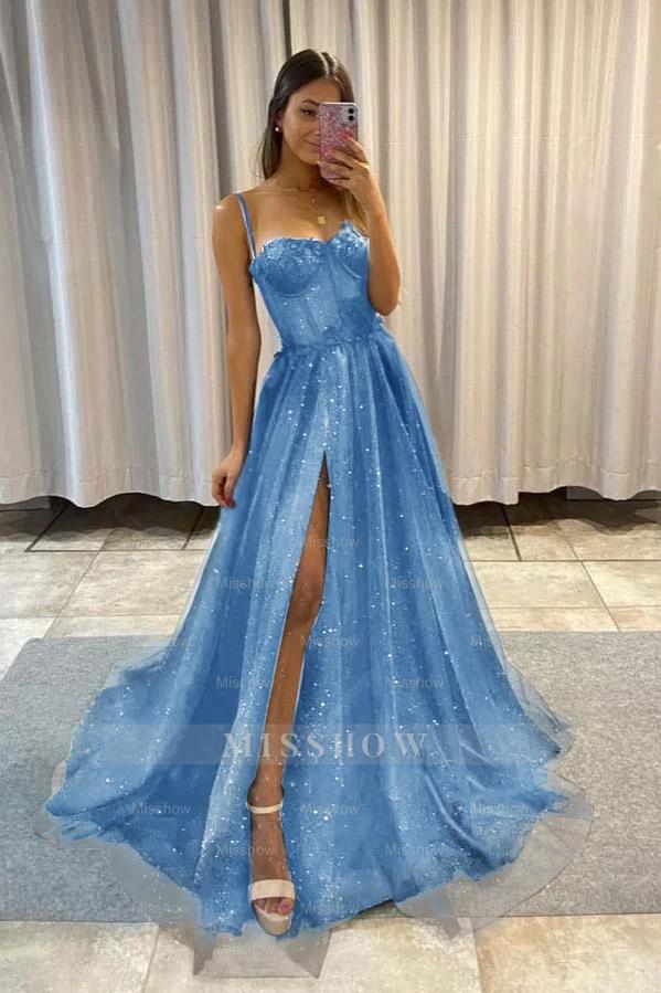 Spaghetti Strap Sleeveless Long Split Formal Dress With Sequins
