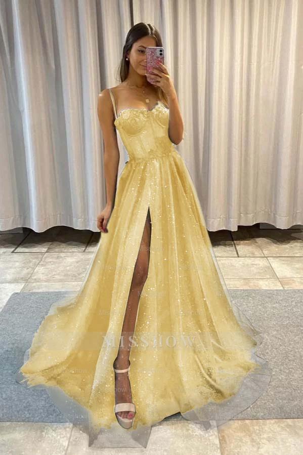 Spaghetti Strap Sleeveless Long Split Formal Dress With Sequins