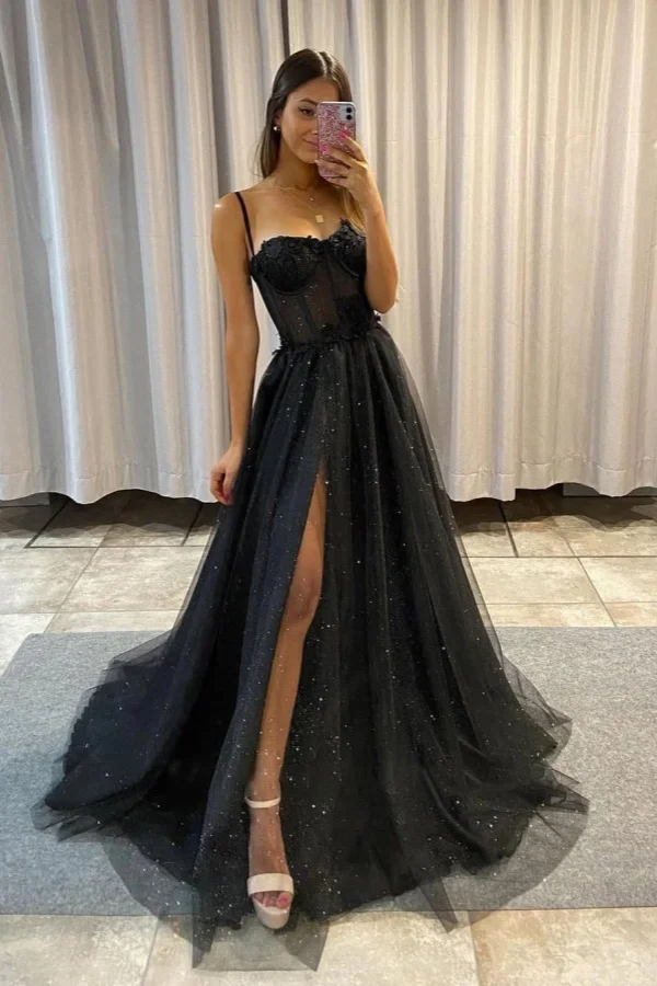 Spaghetti Strap Sleeveless Long Split Formal Dress With Sequins