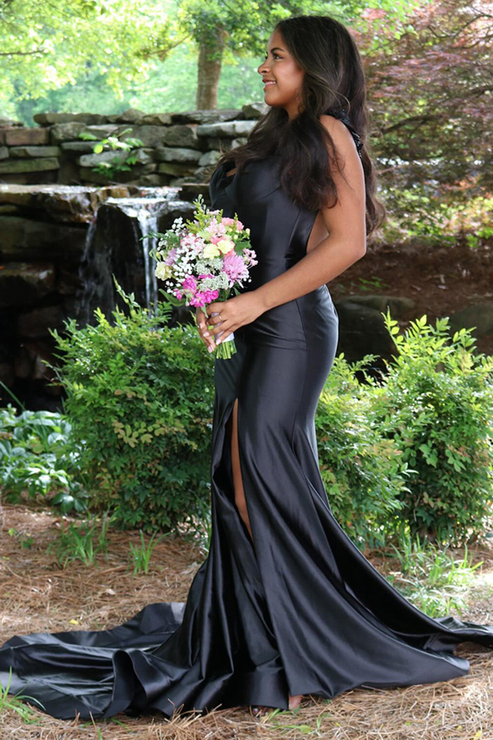 Spaghetti Strap Sleeveless Satin Mermaid Prom Dress Backless Side Slit Floor Length