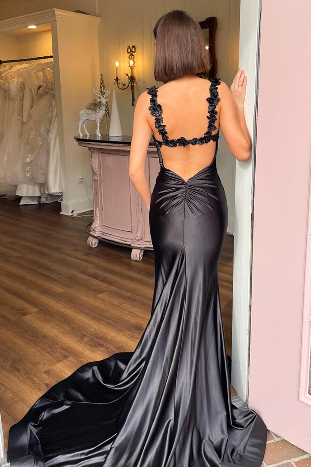 Spaghetti Strap Sleeveless Satin Mermaid Prom Dress Backless Side Slit Floor Length