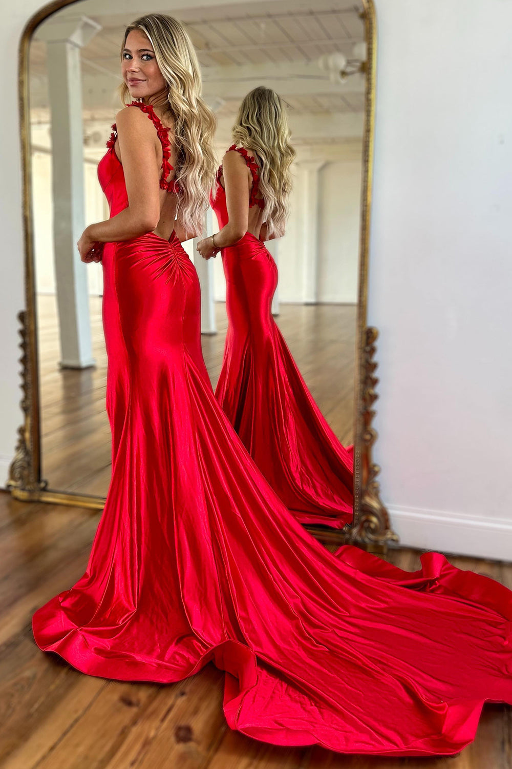 Spaghetti Strap Sleeveless Satin Mermaid Prom Dress Backless Side Slit Floor Length