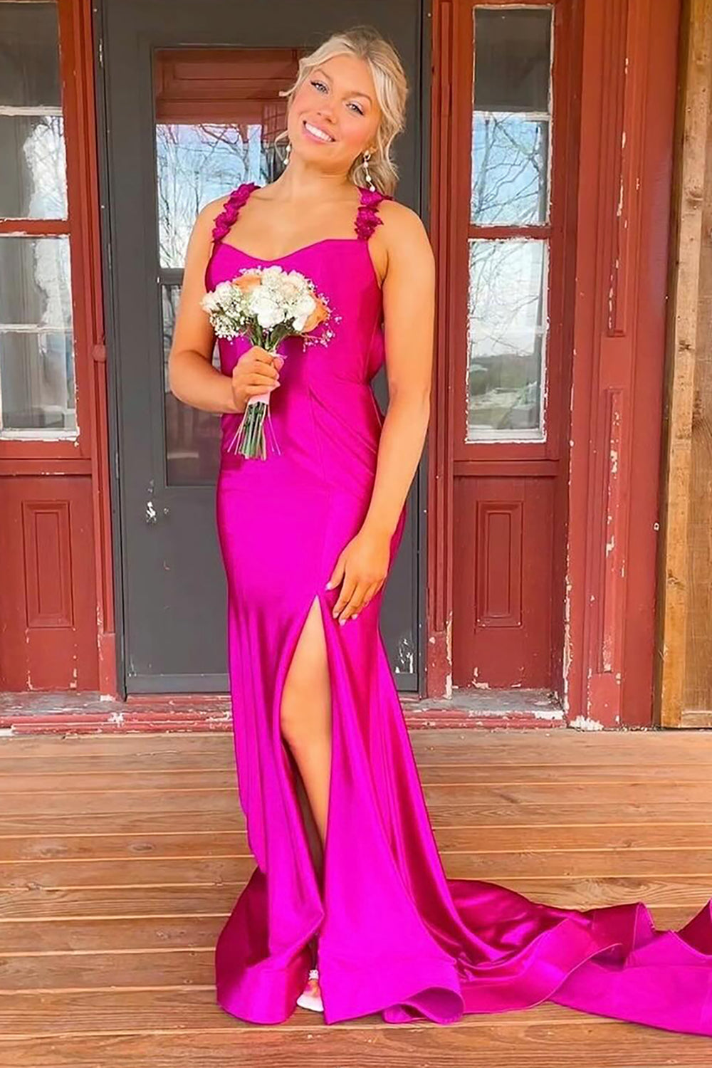 Spaghetti Strap Sleeveless Satin Mermaid Prom Dress Backless Side Slit Floor Length